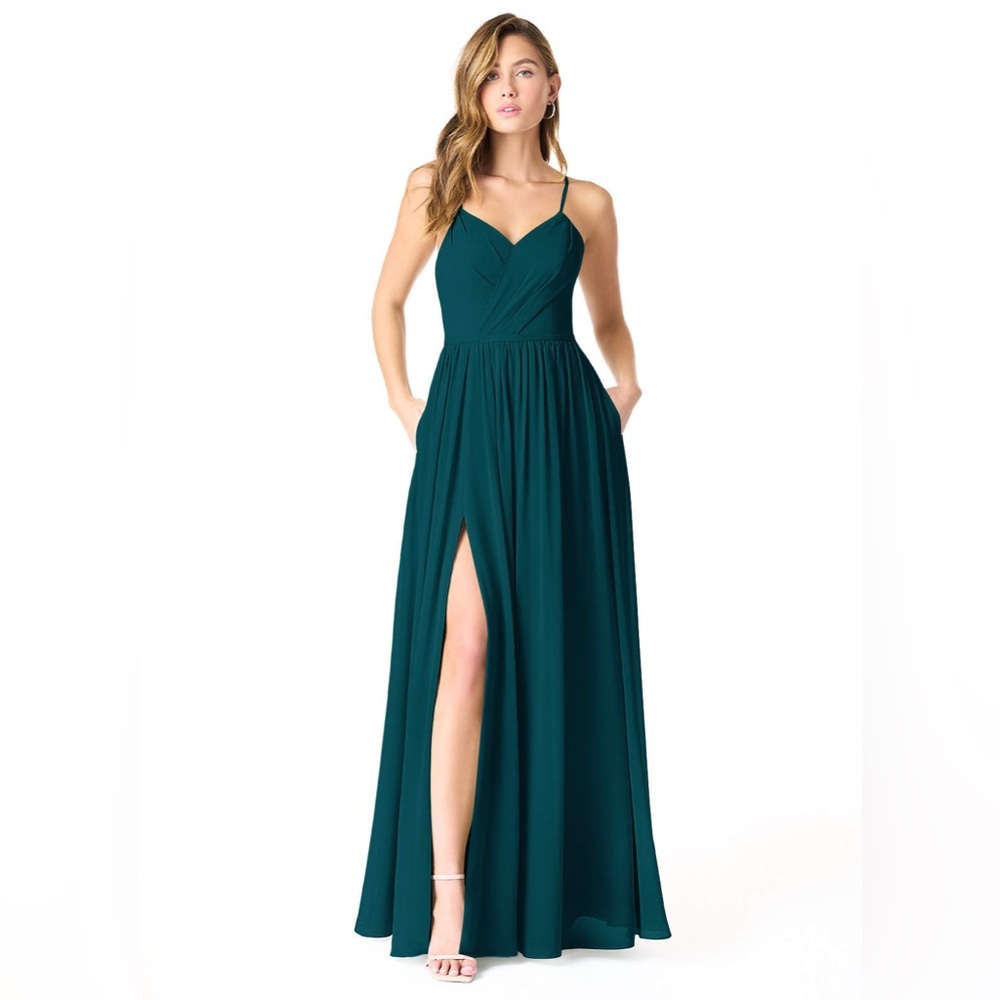 Azazie Cora Bridesmaid Dress Pine Green A4 | Worn Once Maxi Formal Gown